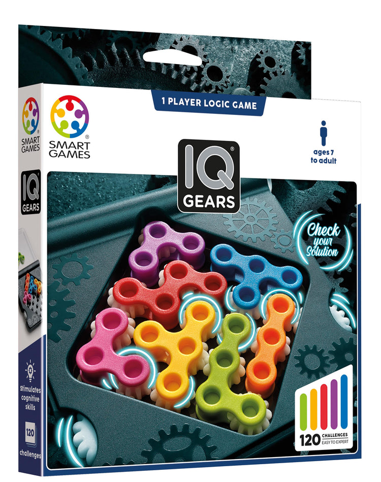 SmartGames IQ Gears - 120 Travel Challenges with Moving Gears