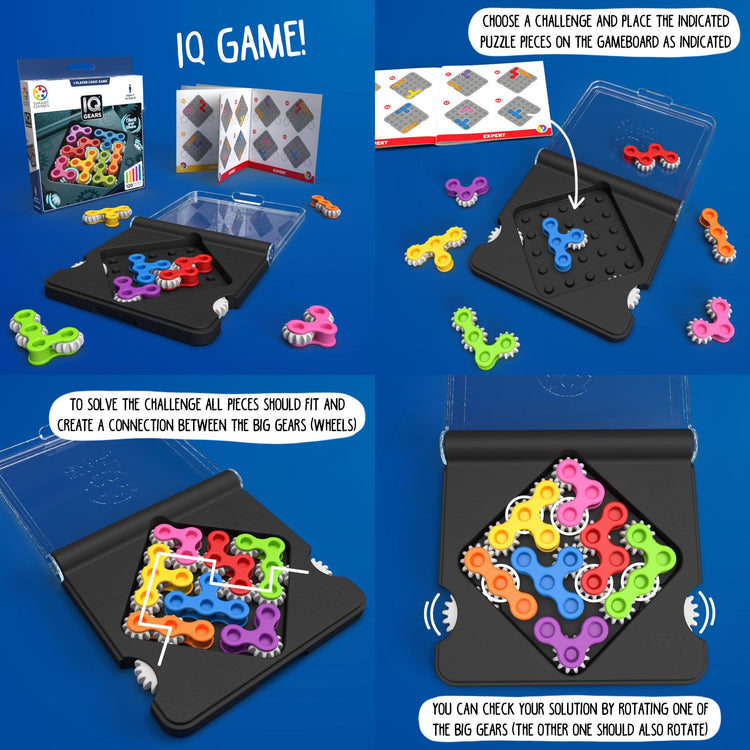 SmartGames IQ Gears - 120 Travel Challenges with Moving Gears