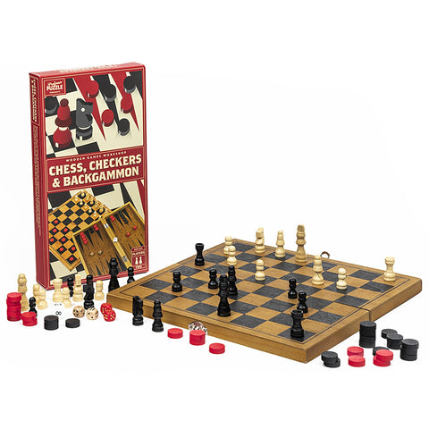 Wooden Chess, Checkers & Backgammon - 3-in-1 Portable Set