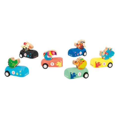 Janod Applepop Pull-Back Cars x12 - 6 FSC Wooden Racers