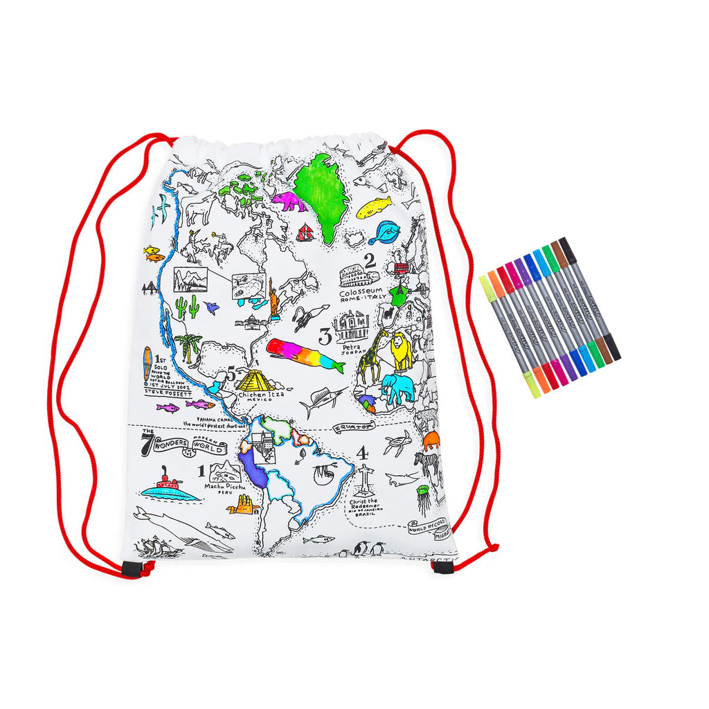 Color-In World Map Backpack - Continents & Icons - eatsleepdoodle