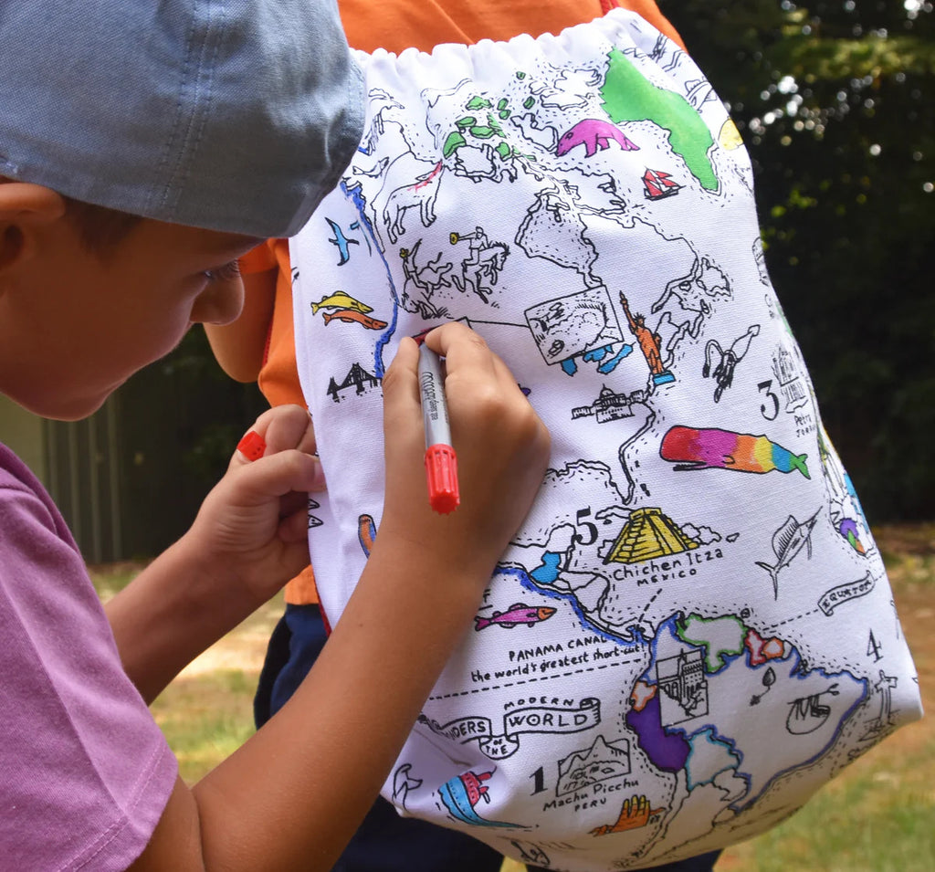 Color-In World Map Backpack - Continents & Icons - eatsleepdoodle