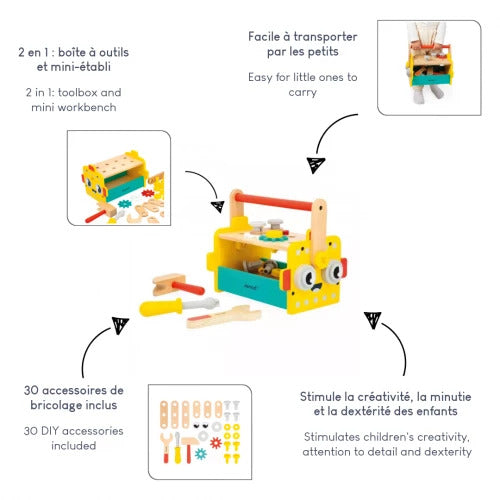Janod Brico'Kids Robot Tool Box - 30-Piece Wooden DIY Kit