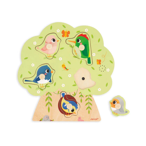 Janod Bird Sounds Peg Puzzle - 5 Wooden Pieces with Sounds