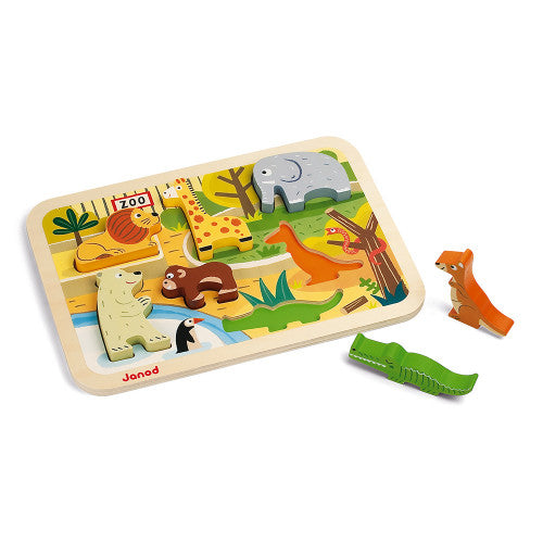 Janod Chunky Zoo Puzzle - 7 Thick Wooden 3D Animal Pieces