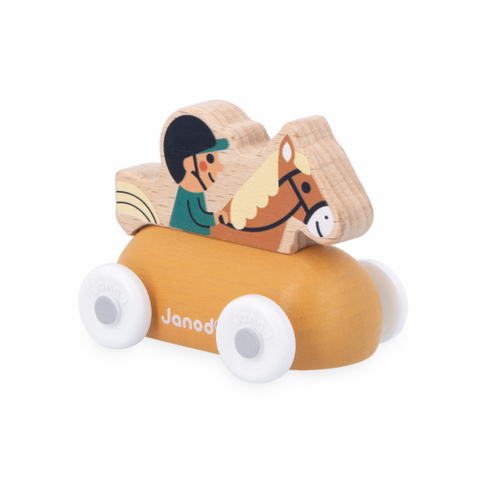 Janod White Valley Equestrian - Wooden Horse Rider Car x4