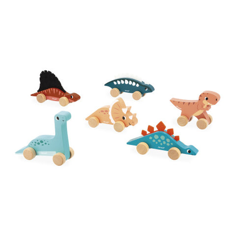 Janod Dinos Push-Along Display x6 - Rolling Wooden Dinosaurs