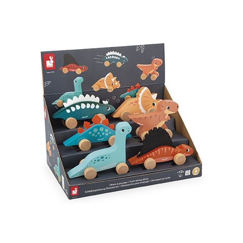 Janod Dinos Push-Along Display x6 - Rolling Wooden Dinosaurs