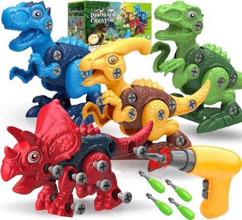 Take-Apart Dinosaur STEM Building Toy with Electric Drill - 4 Pack