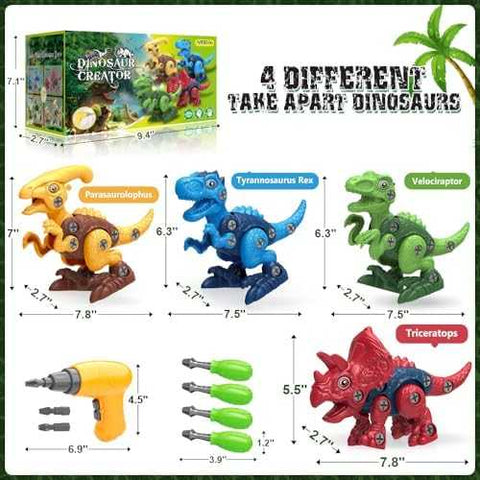 Take-Apart Dinosaur STEM Building Toy with Electric Drill - 4 Pack