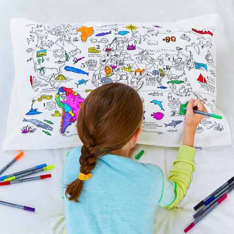 Coloring World Map Pillowcase - Geography Fun - eatsleepdoodle