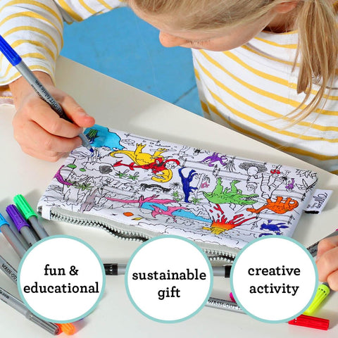 Color-In Dinosaur Pencil Case - 10 Washable Pens - eatsleepdoodle