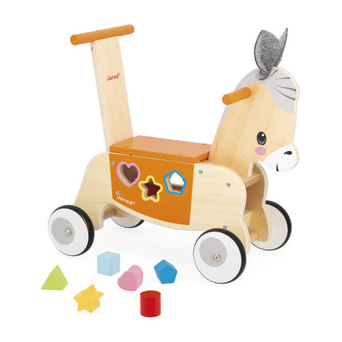 Janod Farm Donkey Ride-On - Wooden Shape Sorter Included