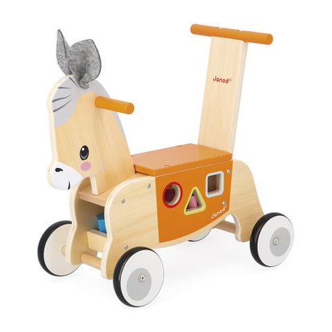 Janod Farm Donkey Ride-On - Wooden Shape Sorter Included