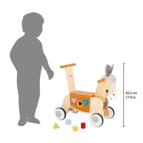 Janod Farm Donkey Ride-On - Wooden Shape Sorter Included