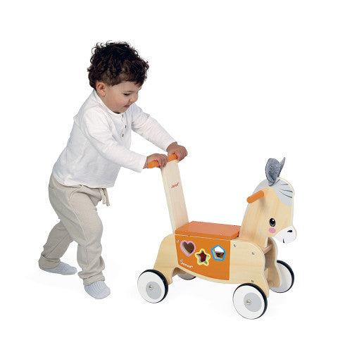 Janod Farm Donkey Ride-On - Wooden Shape Sorter Included