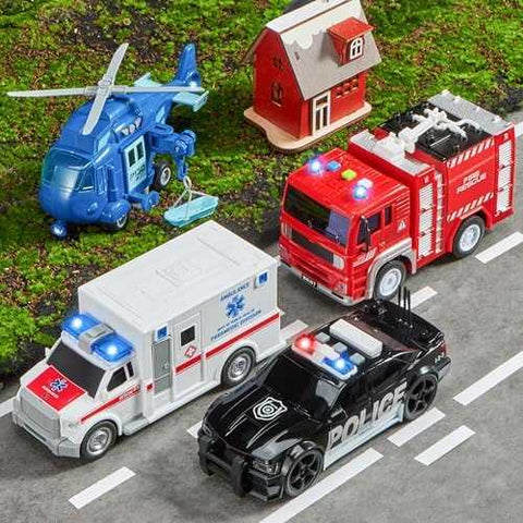 JOYIN Emergency Vehicle Playset with Lights & Sounds (4 pcs)