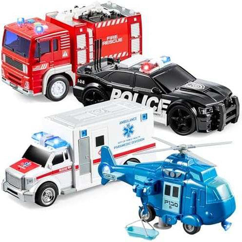 JOYIN Emergency Vehicle Playset with Lights & Sounds (4 pcs)