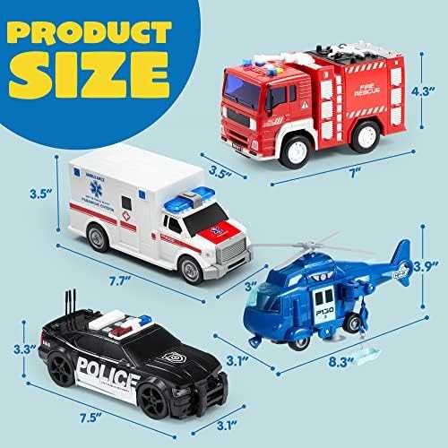 JOYIN Emergency Vehicle Playset with Lights & Sounds (4 pcs)
