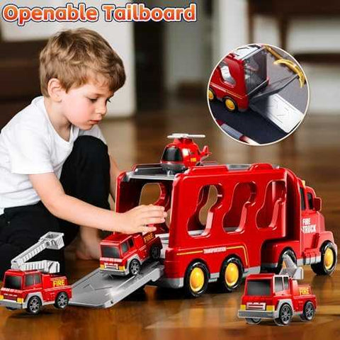 KIZONLY 5-in-1 Fire Truck Carrier Playset with Lights & Sounds