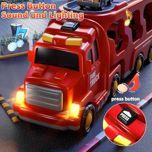 KIZONLY 5-in-1 Fire Truck Carrier Playset with Lights & Sounds