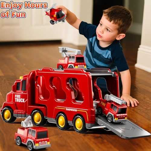 KIZONLY 5-in-1 Fire Truck Carrier Playset with Lights & Sounds