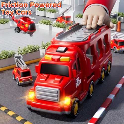 KIZONLY 5-in-1 Fire Truck Carrier Playset with Lights & Sounds