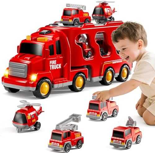 KIZONLY 5-in-1 Fire Truck Carrier Playset with Lights & Sounds