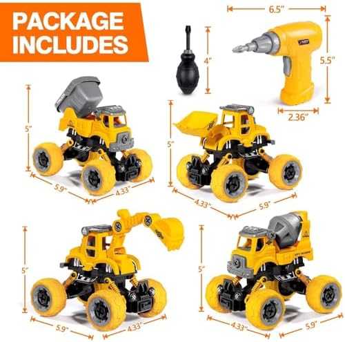 LUDILO Take-Apart Construction Trucks Set with Electric Drill (4 pcs)