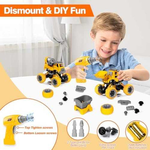 LUDILO Take-Apart Construction Trucks Set with Electric Drill (4 pcs)