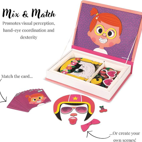 Janod Girls Crazy Faces Magneti'Book - 55 Magnets and 10 Cards