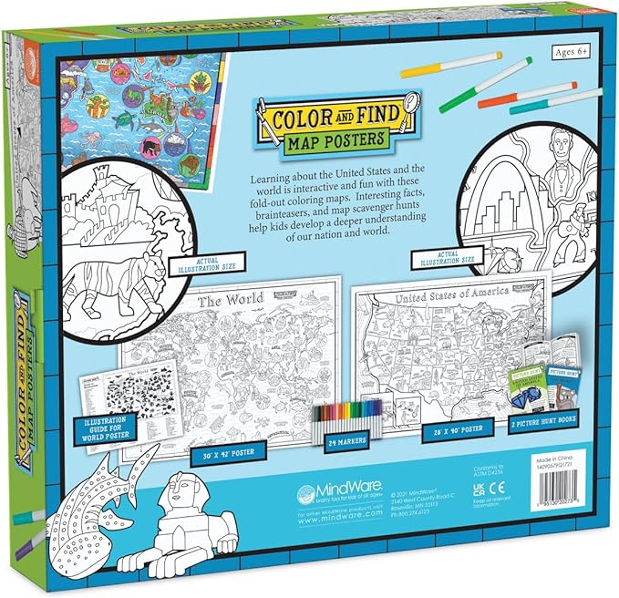 MindWare Color and Find Map Posters: The World and The United States of America
