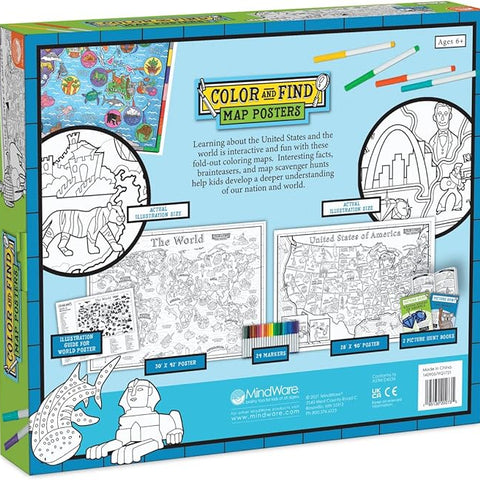 MindWare Color and Find Map Posters: The World and The United States of America