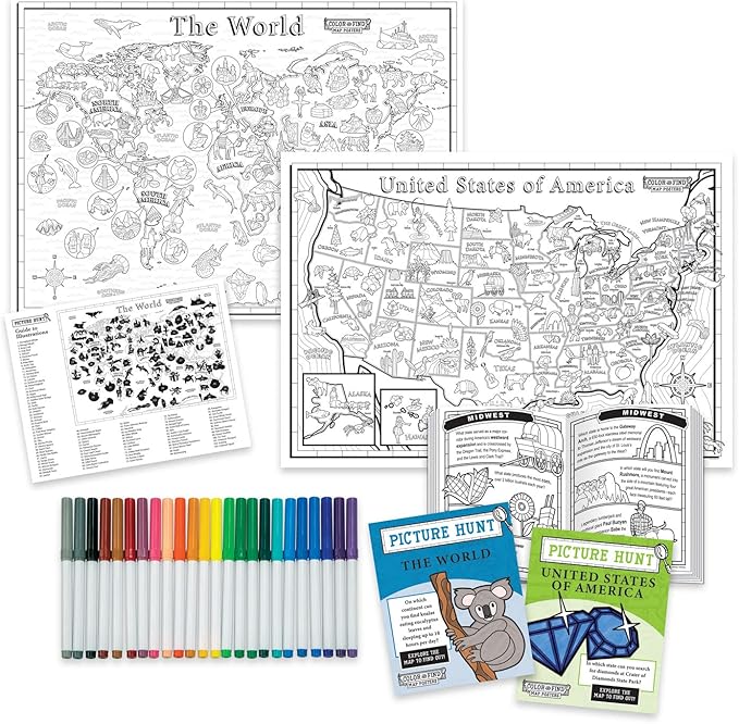 MindWare Color and Find Map Posters: The World and The United States of America