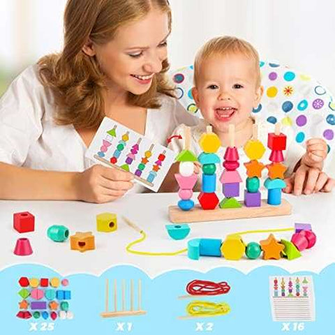Montessori Wooden Beads Sequencing & Lacing Set