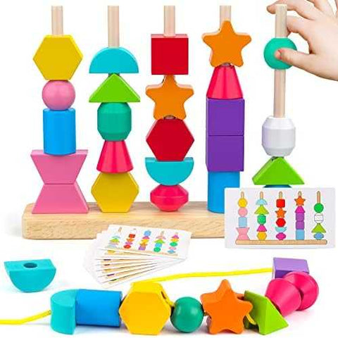 Montessori Wooden Beads Sequencing & Lacing Set