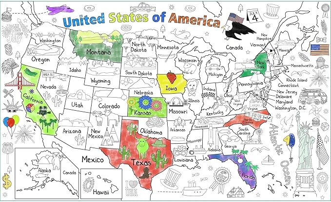 PartyGarden US Map Coloring Poster for Kids