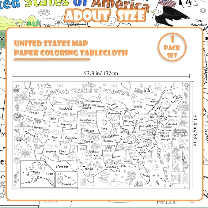 PartyGarden US Map Coloring Poster for Kids