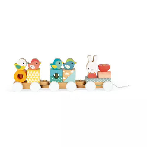 Janod Pure Pull-Along Train - Wooden 17-Piece Stacker Toy