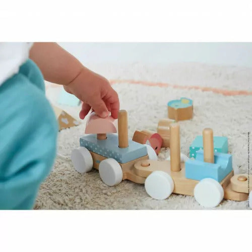 Janod Pure Pull-Along Train - Wooden 17-Piece Stacker Toy