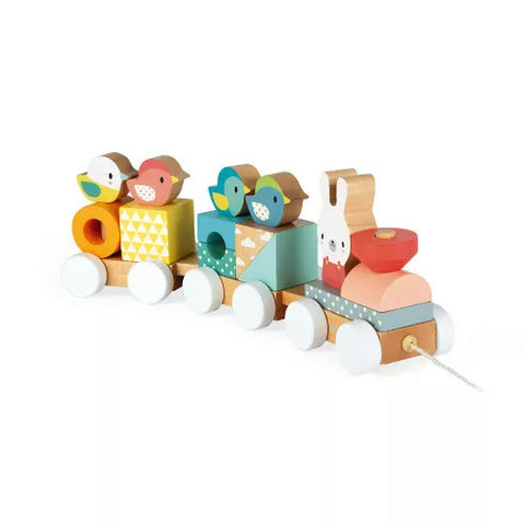 Janod Pure Pull-Along Train - Wooden 17-Piece Stacker Toy