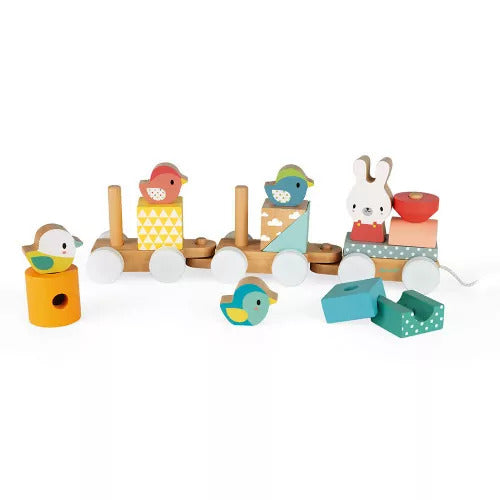 Janod Pure Pull-Along Train - Wooden 17-Piece Stacker Toy