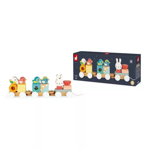 Janod Pure Pull-Along Train - Wooden 17-Piece Stacker Toy