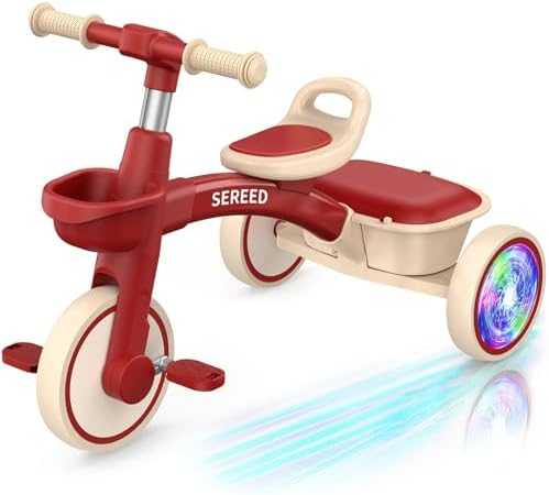 SEREED Toddler Tricycle with Lights & Basket (Pink)
