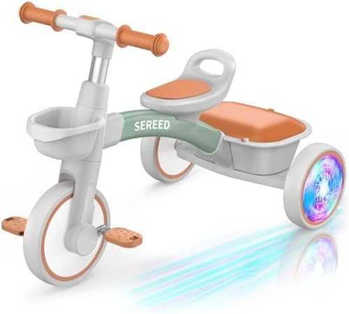 SEREED Toddler Tricycle with Lights & Basket (Pink)
