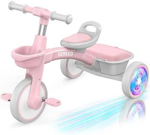 SEREED Toddler Tricycle with Lights & Basket (Pink)