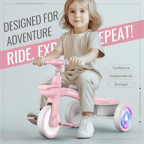 SEREED Toddler Tricycle with Lights & Basket (Pink)