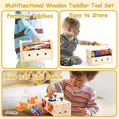 TONZE Wooden Kids Tool Set with Apron (39 pcs)