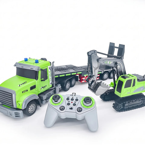2-in-1 RC Lowbed Semi-Trailer Truck & Excavator Toy Set - 1:12 Scale