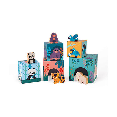 Janod WWF Animal Pyramid - 5 Wooden Animals and Blocks Set